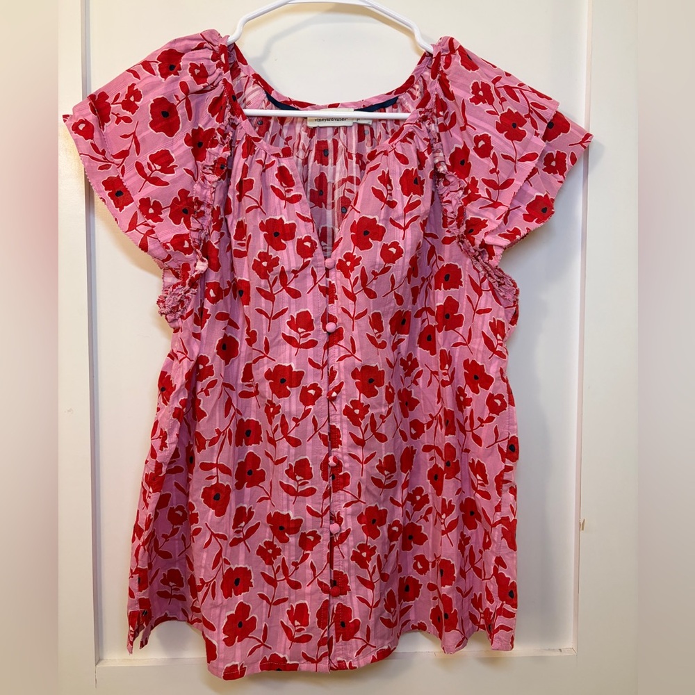 Vineyard Vines Rock Rose Pink and Red Floral Top